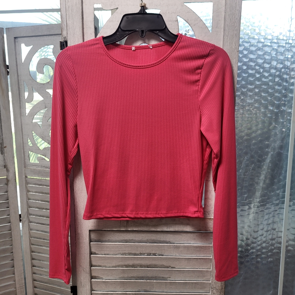 Elegant Red Ribbed Long Sleeve Blouse